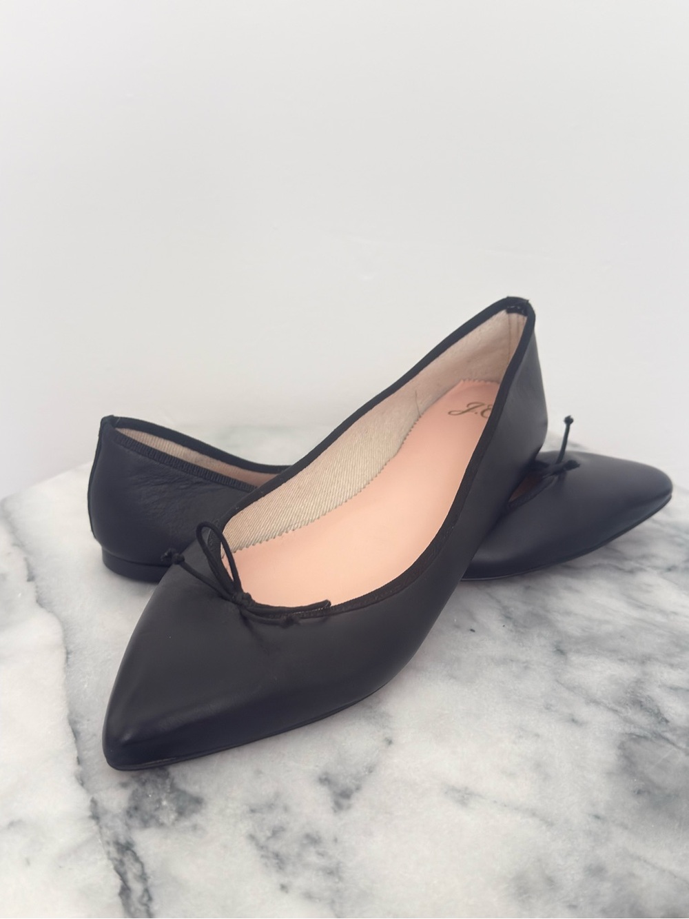 J. Crew Black Leather Pointed Toe Ballet Flats with Bow